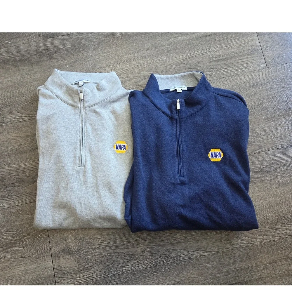 Peter Millar Quarter Zip Pullover Mens Large Gray Navy NAPA Logo 2pk